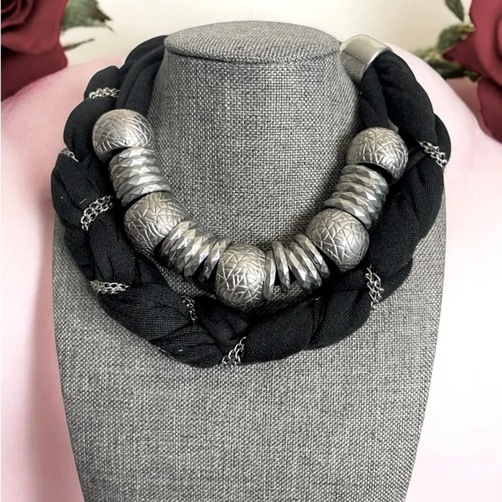 Bold Silver and Black Statement Jeweled Necklace - Picture 1 of 5